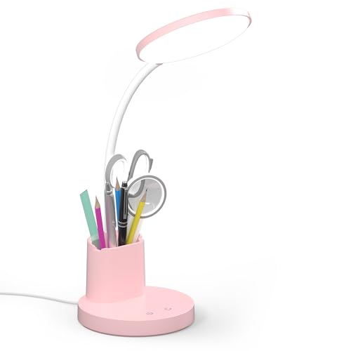 LED Desk Lamp for College Dorm with Pen Phone Holder, Pink - color: Pink