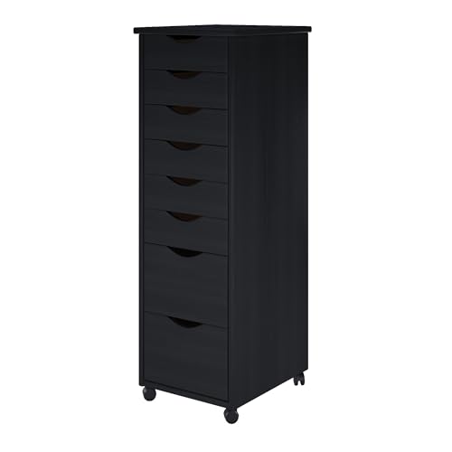 Jela-USA Solid Pine Wood 8 Drawer Rolling Cart, Black - color: Black, style: unspecified