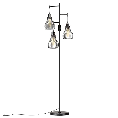 Ziisee Dimmable Floor Lamp, 3 x 800LM LED Edison Bulbs Included, Farmhouse Industrial Floor Lamp Standing Tree Lamp with Elegant Cage Tall Lamps for Living Room Bedroom Office - Black - color: A-Matte Black