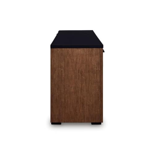 Bowery Hill Home Office Credenza, Medium Brown Wood Tone with Matte Black Finish, Adjustable Shelves and Drawer, Open Media Area, Contemporary Free Standing Design for Storage in Office or Living Room