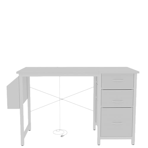47.3" Office Desk with Power Outlet,3 Drawers,Side Pocket, Study Desk Easy to Assemble,Frame Stability Reversible for Home, Company Computer Game Table,Vanity Table, White