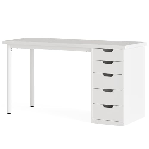 LITTLE TREE Computer Desk with 5 Drawers, 47 Inch White Modern Simple Study Writing Desk with Metal Frame, Work Desk for Home Office - color: White