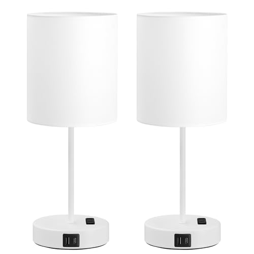 17.6" White Touch Lamps for Bedroom Set of 2 - Dimmable, USB C+A, AC Outlet | Large 17.6" Tall Lamp, 3-Way Dimming, 5000K Daylight Bulbs, White Lampshade White Base, for Living Room, Boys, Men, Girls - color: White