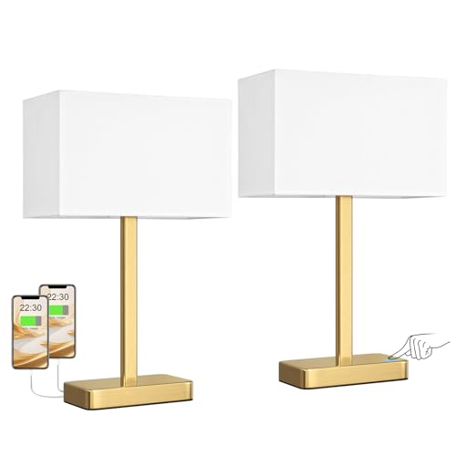 Hong-in Touch Lamps for Bedroom, Bedside Table Lamps Set 2, D. White&Gold | Modern Table Lamp for Nightstands, Desk Lamp for Bedroom, with USB C+A, End Tables Bed Side, Bulb Included, 3 Way Dimmable - color: D. White&Gold