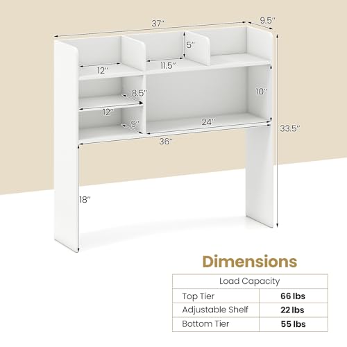 Tangkula Desktop Bookshelf for Computer Up to 32”, 37” Countertop Storage Hutch with 6 Storage Shelves, 3-Tier Desktop Organizer Display Rack, Wooden Desk Hutch for Dorm Home Office (White) - color: White, size: 6 Shelves