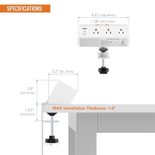 Tecmojo Desk Clamp Power Strip 3 Outlet with 1 USB A and 2 USB C Ports, 6 ft Cord, Desk Outlet Station Fit 1.6" Tabletop Edge, ETL Listed, White - color: White, size: 3 Outlets
