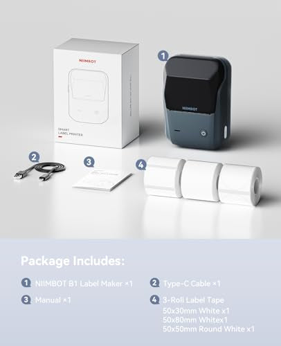 NIIMBOT B1 Label Maker Machine with 3 Tapes, 2Inch Thermal Label Printer - color: Blue, style: 1 Printer+3 Roll Labels