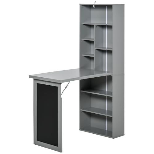 Grey Wood Wall Mounted Folding Desk with Bookshelf & Storage | Foldable Desks for Small Spaces, Pull Out Computer Desk with A Blackboard for Bedroom Apartment - color: Charcoal Grey