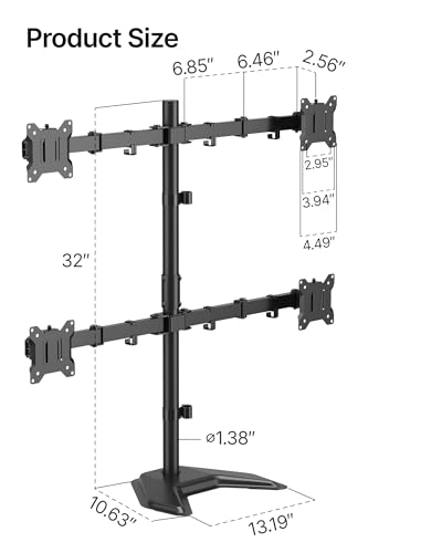 monTEK Freestanding Quad Monitor Stand for Four 17-32" Screens, 22 lbs Each | Solid V-shaped base, four-screen full-motion arms, height adjustment, tilt, swivel, rotation and VESA 75/100 - size: Quad Monitor