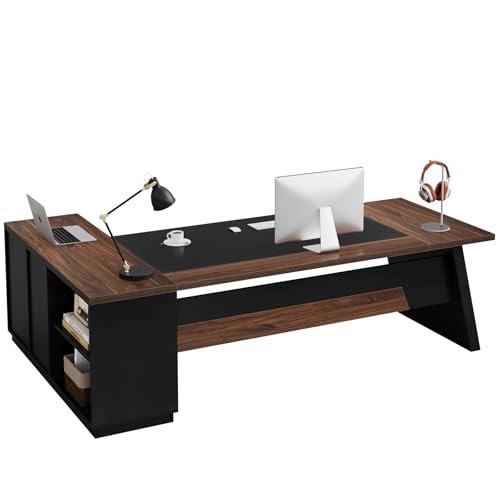 Tribesigns L-Shaped Executive Desk, 78-Inch Large Office Desk with Drawers and Lateral File Cabinet, Modern Business Furniture with Storage Shelves, Workstation for Home Office (Walnut + Black) - color: Walnut + Black