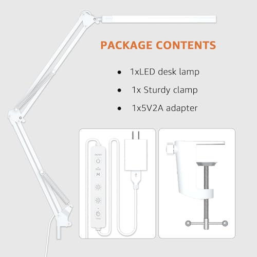 Upgrade Swing Arm LED Desk Lamp with Clamp, 80 LED Beads, 5 Color Modes & 11 Brightness Levels, 360° Adjustable Arm, Eye-Caring Light CRI95, Timer & Memory Function, for Office, Study, Crafting - color: Clip-White