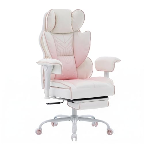 Big and Tall Gaming Office Chair 400lbs - Heavy Duty Ergonomic Computer Desk Chair with Footrest, Adjustable Armrests, High Back PU Leather with Racing Style (White/Pink) - color: White/Pink
