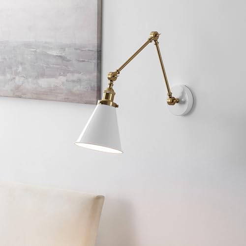 JONATHAN Y Rover 1-Light Wall Sconce 7", White/Brass Gold | Adjustable Arm, Hardwired Bedside Reading Swing Arm, Farmhouse Cone Shade, Metal Hardwired Indoor Fixture, LED Bulbs Included - color: White/Brass Gold, size: Set of 1