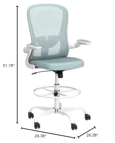 Drafting Chair, Tall Office Chair with Flip-up Armrests Executive Ergonomic Computer Standing Desk Chair, Office Drafting Chair with Lumbar Support and Adjustable Footrest Ring - color: Light Blue&white