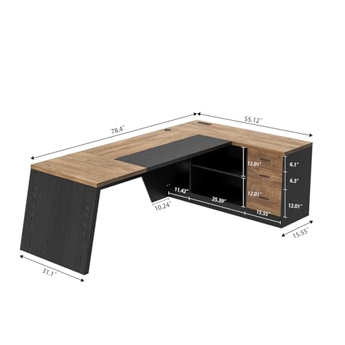 L-Shaped Executive Desk with Drawer, Oak Black | 78Inch Large Home Office Desk, Large Modern Home Office Desk, Big Wooden Business Furniture for CEO Boss - color: Oak