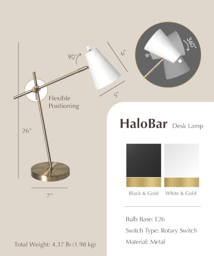 HarvestLand HaloBar White Mordern Desk Lamp, Reading Lamp for Home Office | Adjustable White task lamp, Task lamp, Architect desk lamp, Small desk lamps for small spaces,Mid century table lamp - color: White HaloBar