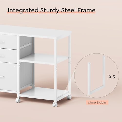 Maihail 3 Drawer File Cabinet with Wheels with Open Storage Shelf, White - color: White