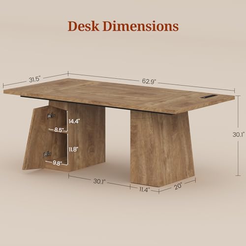 UPOSOJA 63 in Executive Desk with Power Outlets, Modern Home Office Desk with Storage Cabinet, Wood Computer Desk Business Workstation Desk Conference Table (Oak) - color: Oak, size: 63in Cabinet
