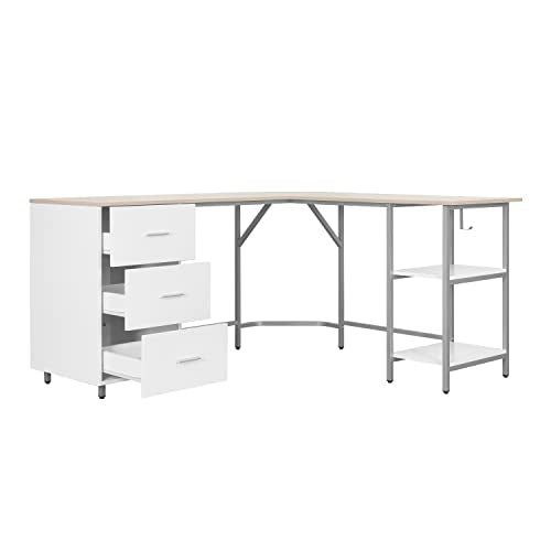 Techni Mobili 59" Two-Tone L‑Shaped Office Desk with Storage Shelves, Sand - color: Sand