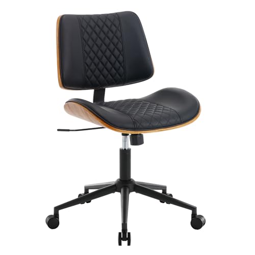 BV Small Desk Chair, Mid Century Office Chair with Bentwood Back, Armless Task Swivel Chair with Wheels, Mid Back No Arms, Faux Leather Office Chairs for Small Space, Black - color: Black, size: MCM Style