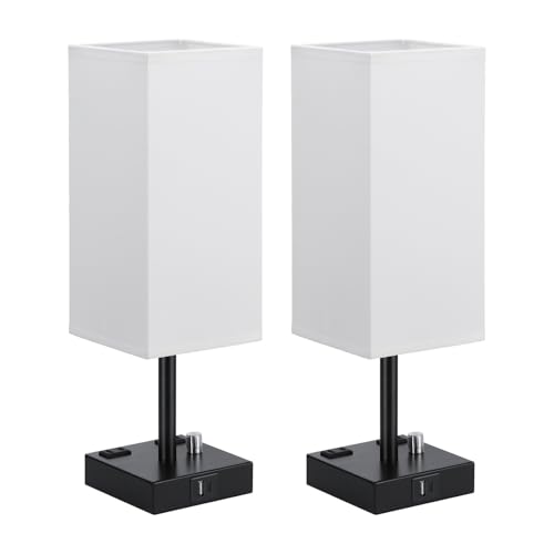 White Bedside Table Lamps Set of 2 - Dimmable, USB C+A, 2 AC Outlets | Stepless Dimmable by Rotary Knob, 3000K LED Bulbs Included, Square White Linen Shade, Nightstand Lamp for Living Room, Desk - color: White