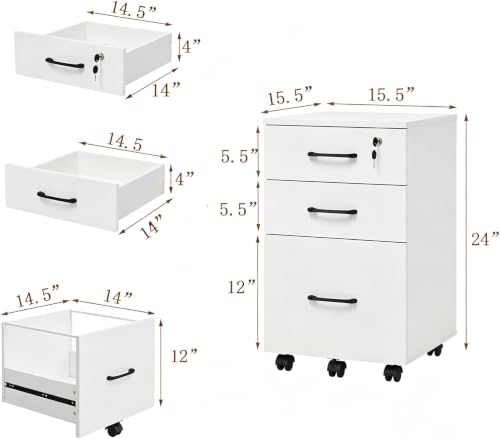 Lockable 3-Drawer Mobile Filing Cabinet with Wheels, Heavy-Duty Vertical Under Desk Storage & Printer Stand, Compatible with A4, Letter, Legal Size Hanging Files Home Office Use (White) - color: White