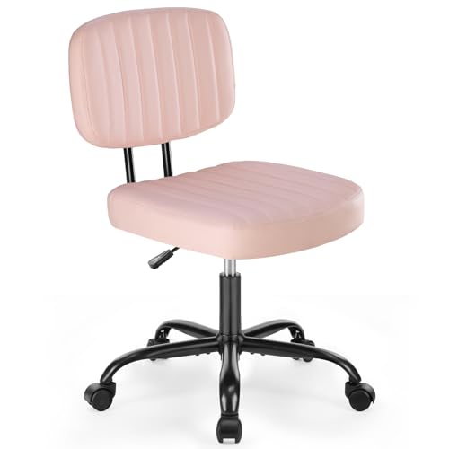 DUMOS Armless Home Office Chair: Small Desk Chair with Low Back Lumbar Support, Height Adjustable PU Leather Computer Task with 360° Swivel Wheels, for Adults, Pink - color: Pink