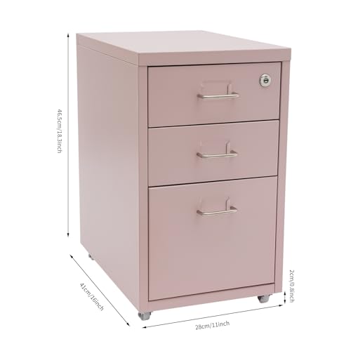 3-Drawer Metal File Cabinet, Mobile File Cabinet with Lock, Rolling Vertical Filing Drawers Under Desk for Home Office, 11 * 16 * 18.3in (Light Pink) - color: Light Pink