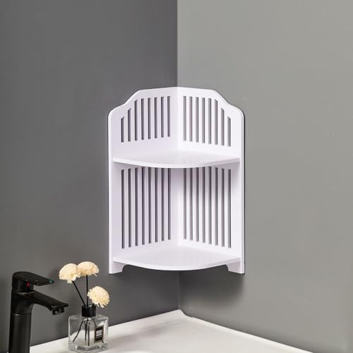 HornTide 2-Tier Corner Shelf, Brief Fashion Organizer Storage Rack, for Cosmetic Doll Potted-Plant Vitamins Supplements Caddy, DIY Desk/Table Decoration, Wood-Plastic Composites, White - size: Corner Shelf