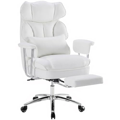 Executive Ergonomic Office Chair for Adults, Home Office | PU Leather, High Back Reclining Gaming Chair with Footrest and Lumbar Support, Height Adjustable Rolling Swivel, White - color: White