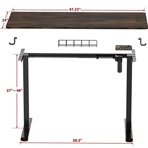 SHW 48-Inch Electric Height Adjustable Sit to Stand Desk, Rustic Brown | with Hanging Hooks and Cable Management, Black Frame and Rustic Brown Top - color: Rustic Brown, size: 48-Inch