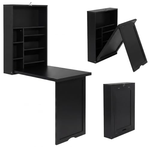 Tangkula Folding Wall Mounted Desk, Convertible Fold Out Floating Table with Storage Shelves, Space-Saving Drop Leaf Table, Murphy Desk for Craft, Study, Small Spaces, Home Office, Dorm, Black - color: Black