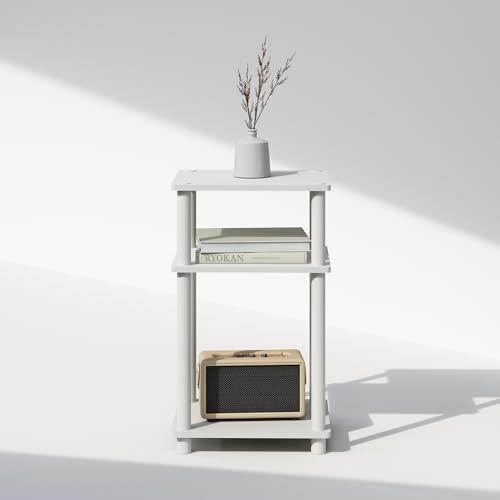Furinno JUST Side Table, 3-Tier End Table, Open Shelves Night Stand, Bedside Table, Toolless Assembly, for Living Room, Bedroom, Bathroom, White - color: White/White, size: 3-Tier, Round Pole, style: 1-Pack