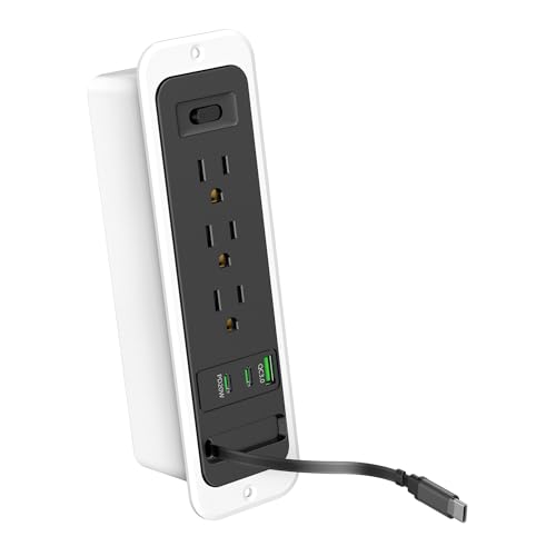 Recessed Power Strip with Retractable USB C Cable,2 PD 20W USB C,Flush Mount Countertop Drawer Outlet, Furniture Hidden Outlet for Side Table,End Table,3 Outlets (Black and White, 6FT-20W) - color: Black and white, size: 6FT-20W USB
