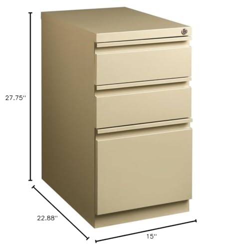 Pemberly Row Mobile Pedestal Filing Cabinet, 3-Drawer Box/Box/File, Full-Width Pull, 23-Inch Deep Steel, Beige Finish, Lockable, Letter-Size Hanging File Storage, Hidden Casters, Home or Office Use - color: Putty