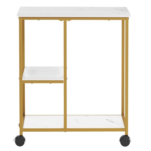 DlandHome Printer Stand with Locking Wheels, 3-Tier Shelf Printer Cart for Home Office Storage and Organization, Rolling Kitchen Utility Storage Cart, White & Golden
