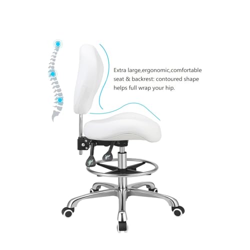 Kaleurrier Adjustable Stools Drafting Chair: with Back Support & Foot Rest | Ergonomic Design Solves Physical Discomfort and Safety Hazards Issues - Heavy Duty 400 lb Weight Capacity - for Professionals - color: White