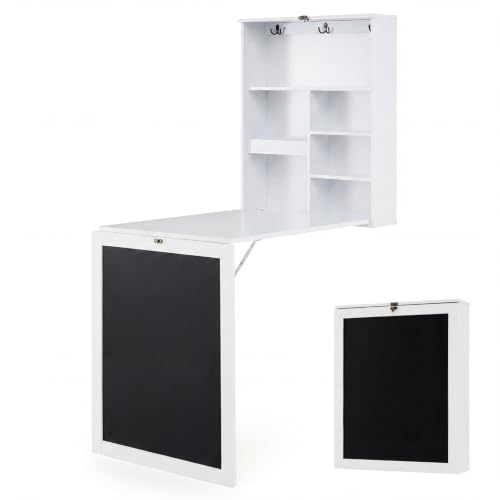 Tangkula Foldable Wall-Mounted Desk, Floating Desk with Chalkboard, Storage Shelves & Hooks, Space-Saving Murphy Table for Home Office, Bedroom, Dorm Room, Small Spaces - color: White