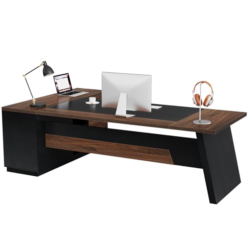 Tribesigns 78" L-Shaped Executive Desk, Large Office Desk with Drawers and File Cabinet, Modern Business Furniture for Home Office (Walnut & Black) - color: Walnut & Black