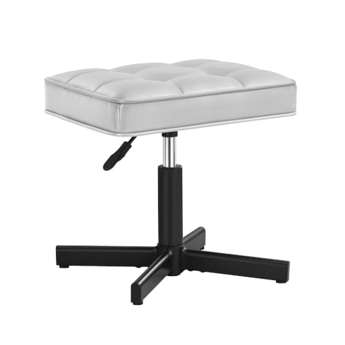 LUE BONA Adjustable Vanity Stool, 15''-19.5'' Foot Rest Under Desk, 360° Swivel Vanity Chair for Makeup Room, Silver Upholstered Faux Leather Ottoman for Bathroom & Living Room, 300lbs - color: Silver