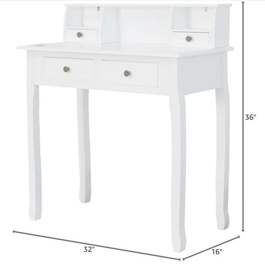 Small White Writing Desk with Hutch – 32" Home Office Desk with Drawers | Compact Computer Desk, Vanity Makeup Table for Bedroom or Study Room