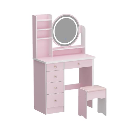 ECACAD Vanity Desk Set with LED Lighted Round Mirror, Makeup Dressing Table with 5 Drawers, Storage Shelves & Cushioned Stool for Bedroom, Pink - style: Pink-With Light