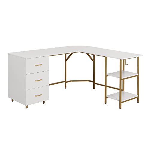 Techni Mobili 59" Two-Tone L‑Shaped Office Desk with Storage Shelves, Gold - color: Gold