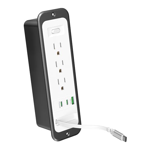 Recessed Power Strip with Retractable USB C Cable,2 PD 20W USB C,Flush Mount Countertop Drawer Outlet, Furniture Hidden Outlet for Side Table,End Table,3 Outlets (White and Black, 6FT-20W) - color: White and black, size: 6FT-20W USB