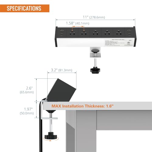 Tecmojo Desk Clamp Power Strip 5 Outlet with 2 USB A and 4 USB C Ports, 6 ft Cord, Desk Outlet Station Fit 1.6" Tabletop Edge, Over Loading Protection, ETL Listed, Black - color: Black, size: 5 Outlets