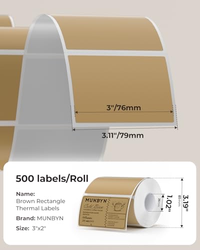MUNBYN 3x2 Thermal Labels, 500 Sheets/1 Roll, Brown - color: Brown, size: 3x2"
