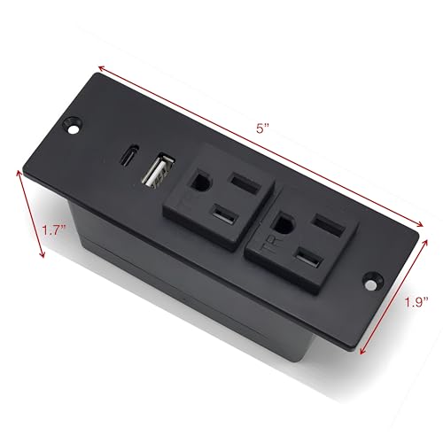 Recessed Power Strip, Furniture Flush Mounted Outlet with 2 USB Ports for Conference Desktop Nightstands, 2 AC Outlets 1 USB-A Port 1 USB-C Port 7.2 FT Extension Power Cord (Black)