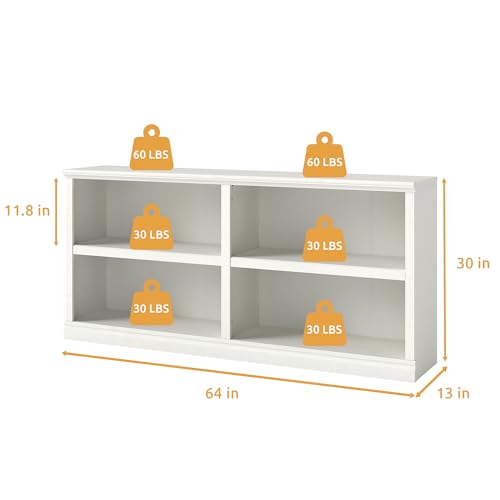 64" W Double Wide Horizontal Bookshelf, 2 Tiers 4 Storage Cube Book Case | Open Shelf Bookcase, Display Cabinet Organizer Indoor Furniture, Home Library Office, White, Adjustable Shelf - color: White, size: Double 2-tier 4-cube
