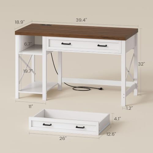 SEDETA 40" Farmhouse Small Desk with Drawers for Small Space, Bedroom - color: White