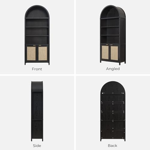 SICOTAS 84.2" Tall Arched Bookcase with Doors - 5 Tier Rattan Bookshelf - color: Black Oak, size: 2 Pieces